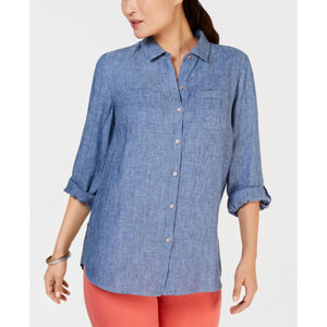 Charter Club Women's Petite Blue 100% Linen Button-Down Shirt NWT